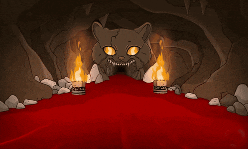 a cartoon drawing of a cat in a cave with two candles