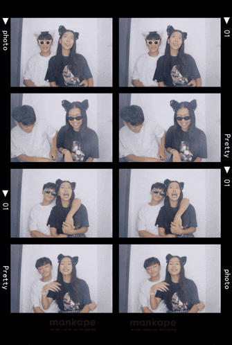 a man and a woman are posing for a photo in a photo booth that says mankape on the bottom