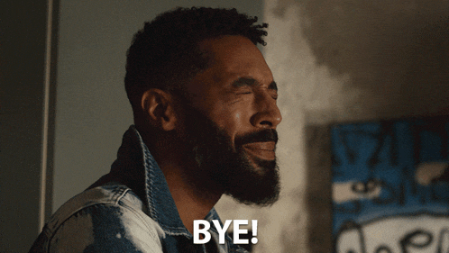 a man with a beard is laughing with the words bye on his face