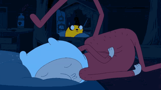 a cartoon character laying on a bed with a bottle of poison in the background