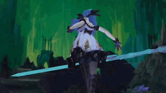 a video game character is holding a large sword in a cave .