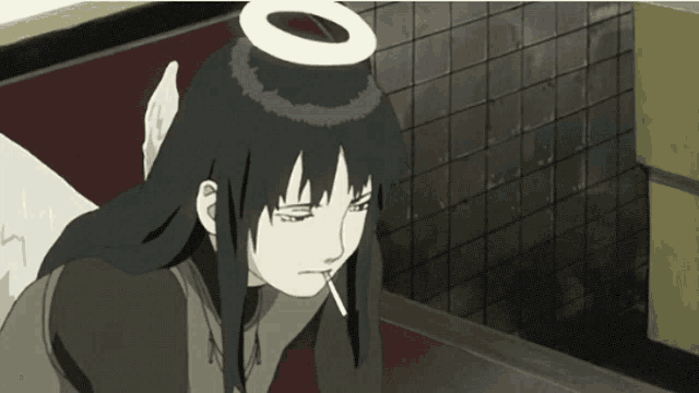 a girl with angel wings and a halo on her head smoking a cigarette