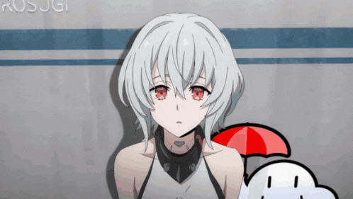 a girl with white hair and red eyes is standing in front of a wall with the word rosugi on it
