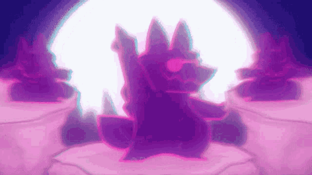 a purple and pink cartoon character is standing in front of a purple light .