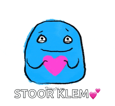 a drawing of a blue monster holding a pink heart and the words stoor klem below it