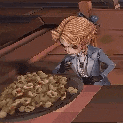 a cartoon character is standing next to a plate of food .