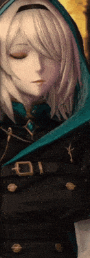 a girl with white hair is wearing a black jacket and a blue hood