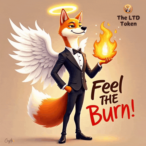 a fox in a tuxedo with angel wings holding a fire