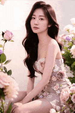 a woman in a strapless dress with flowers on it