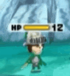 a cartoon character is standing in the water with a yellow bar above his head .