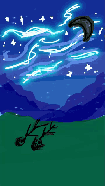 a drawing of a night sky with a crescent moon in the foreground