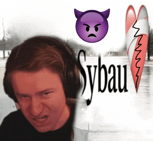 a man wearing headphones is next to a purple devil emoji and sybau