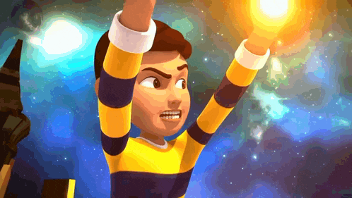 a boy in a yellow and blue striped shirt is holding a light in his hands