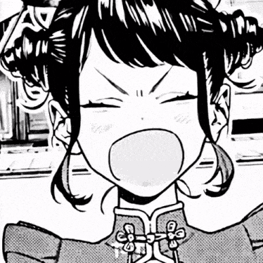 a black and white drawing of a girl with her eyes closed and her mouth open
