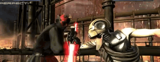a video game screen shows a man holding a red lightsaber and another man holding a silver robot