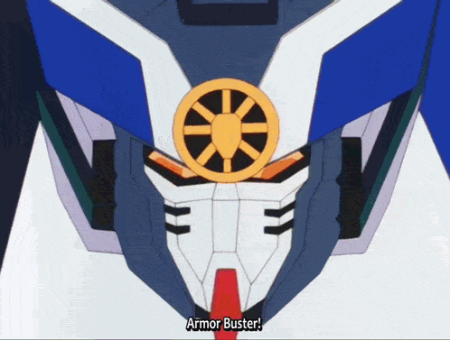 armor buster is displayed on the front of a robot