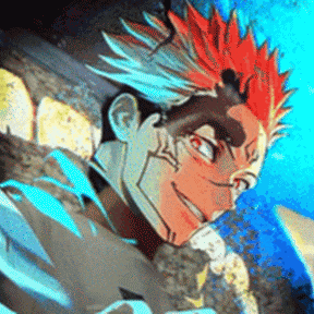 a close up of a person 's face with red hair and a blue background