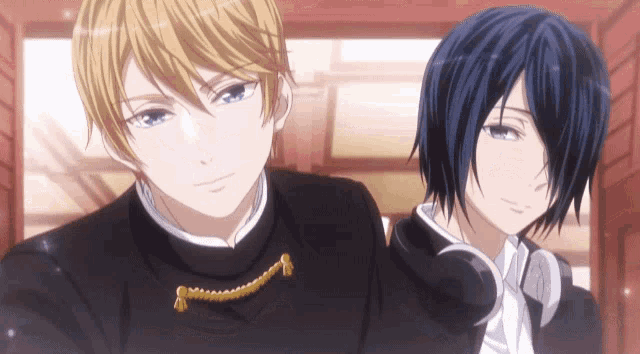 two anime characters are standing next to each other and one has a gold necklace around his neck