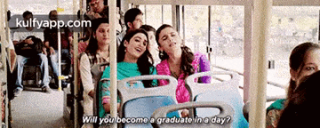 a group of people are riding a bus and one of them is asking the other if she will become a graduate in a day