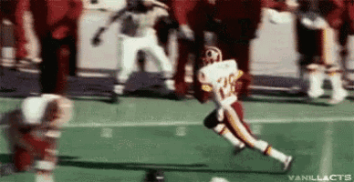 a football player in a redskins uniform is running with the ball on the field .