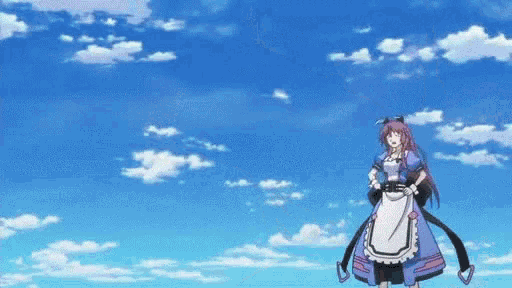 a girl with purple hair is standing in front of a blue sky