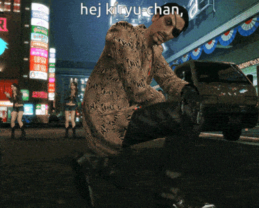 a man with a bandage on his eye is kneeling down with hej kiryu-chan above him