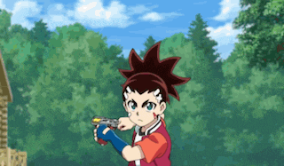 a boy in a red shirt is holding a toy gun in his hand