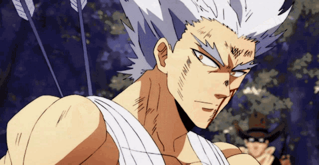 a close up of a cartoon character with arrows in his chest