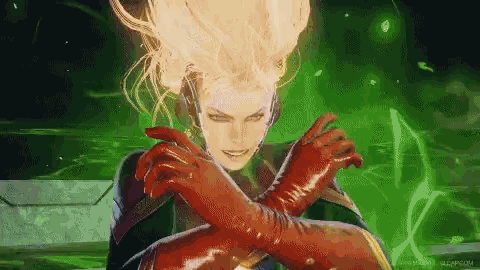 a woman in a video game is wearing red gloves and has a green background .