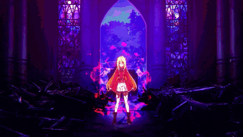 a girl with blonde hair and a red jacket has a purple background