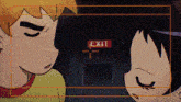 two cartoon characters are looking at each other in front of a red exit sign