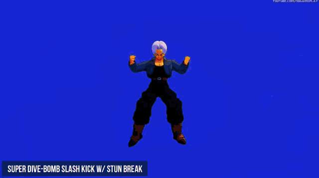 a super dive bomb slash kick w / stun break is displayed on a blue background