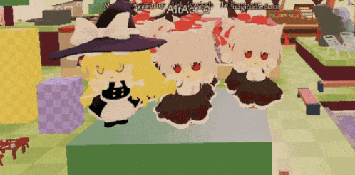 a group of cartoon characters are standing next to each other in a room with the name altagio on the bottom right