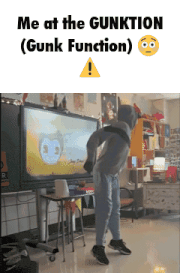 a person is dancing in front of a screen that says me at the gunk function