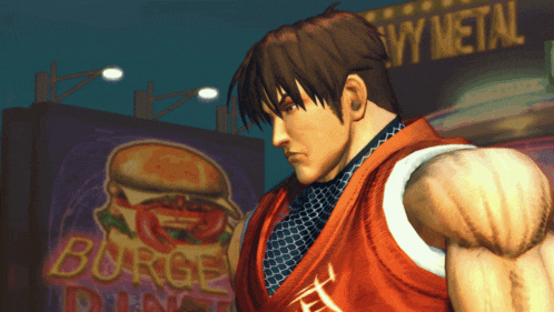 a video game character is standing in front of a burger diner sign