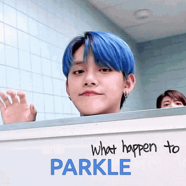 a boy with blue hair is behind a sign that says what happen to parkle .