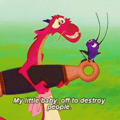 a cartoon of a dragon holding a sword and a bug saying " my little baby off to destroy people "