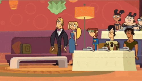 a cartoon of a man in a tuxedo and a woman in a blue dress