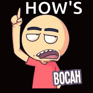 a cartoon character with a red shirt is pointing up with his finger .