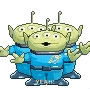 three aliens from toy story are standing next to each other .