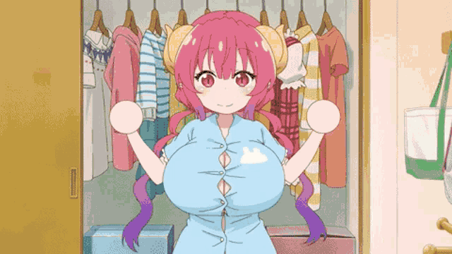 a girl with pink hair and horns is standing in front of a closet full of clothes