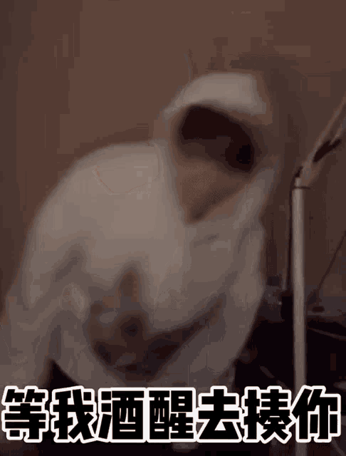 a blurry picture of a person in a white hoodie with chinese writing behind them