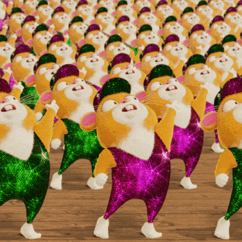 a bunch of hamsters wearing green and purple outfits are dancing