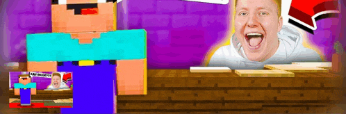 a man is sitting at a table in a minecraft game with his tongue hanging out .