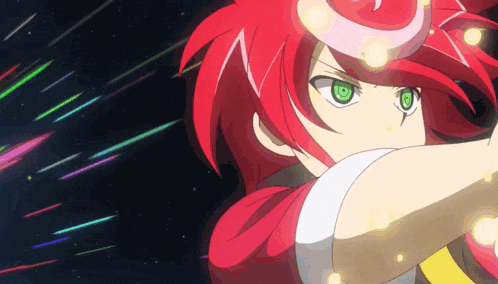 a girl with red hair and green eyes is holding a sword