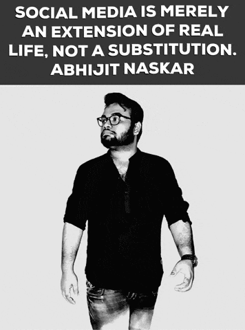a black and white photo of a man with a caption that says social media is merely an extension of real life
