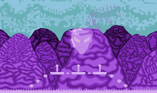 a purple cartoon landscape with a purple mountain in the middle