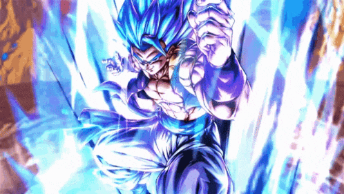 a cartoon of a man with blue hair and white pants is flying through the air .