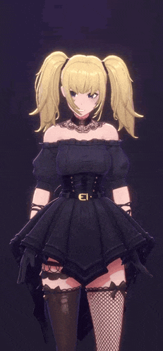 a girl with blonde hair is wearing a black dress with a belt that says el