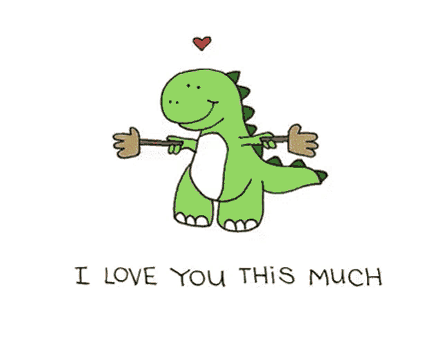 a cartoon of a dinosaur holding a stick with the words i love you this much below it